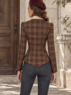 Vintage Plaid-Print Contrast-Collar Ruched Wrap Blouse