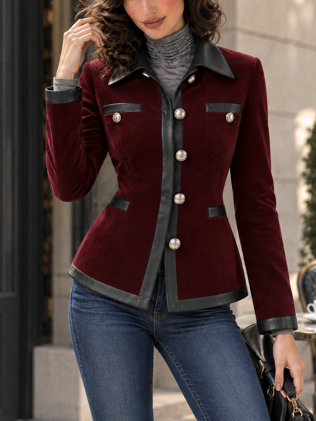 Vintage Velvet & PU Leather Spliced Jacket Coat
