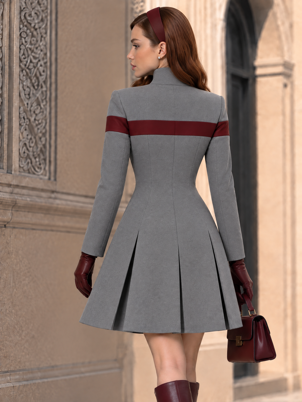 Vintage Military Grey Wool-Blend Fit-and-Flare Coat