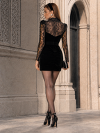 Elegant Vintage Black Velvet With Sheer Lace Mock Neck Mini Dress