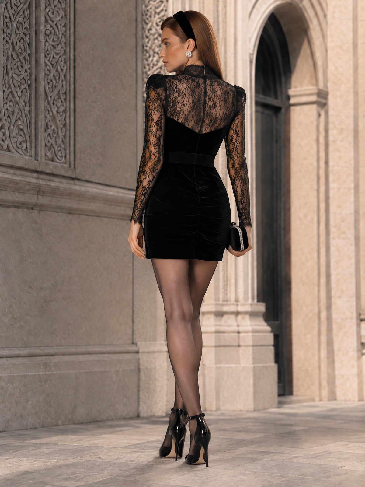 Elegant Vintage Black Velvet With Sheer Lace Mock Neck Mini Dress