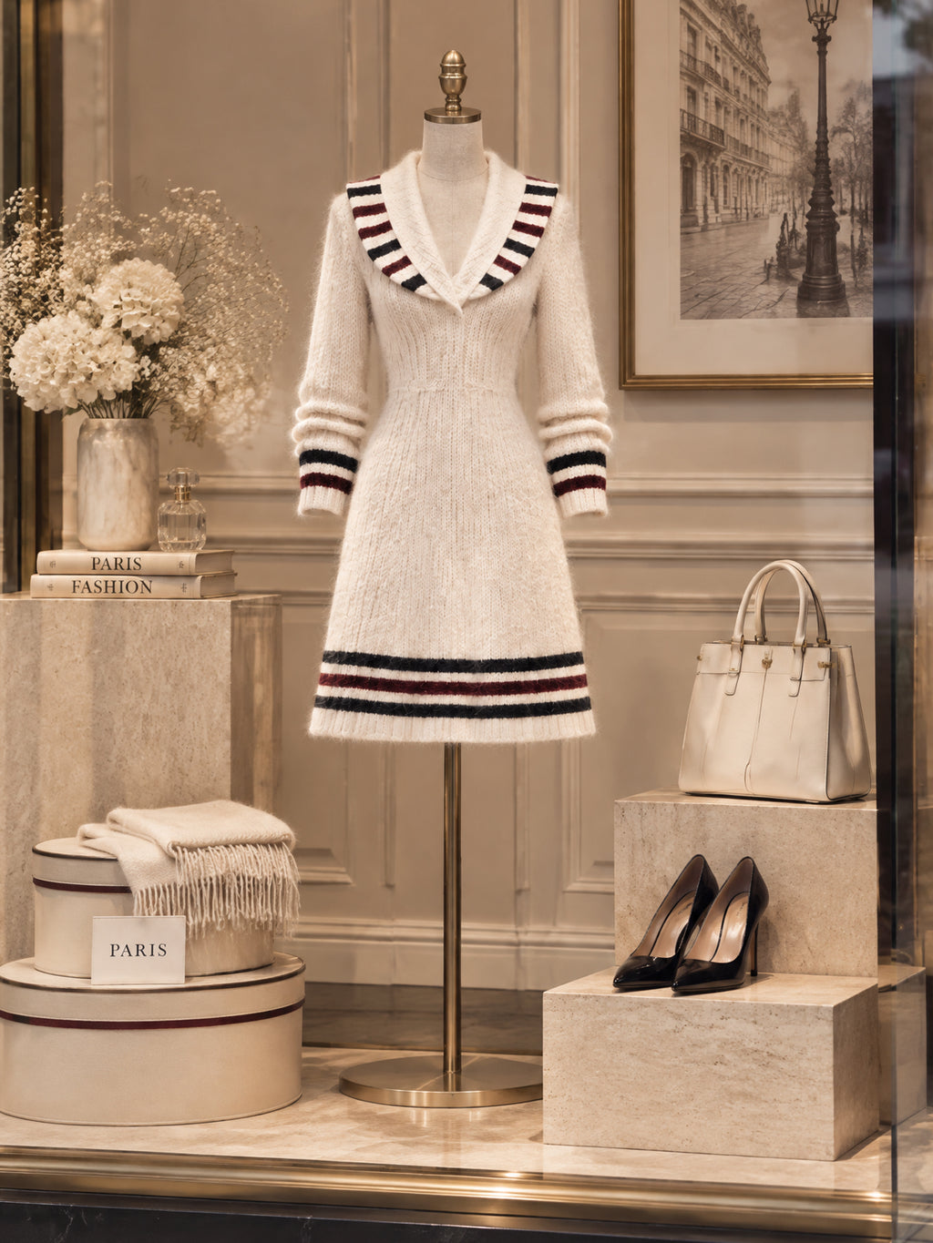 Vintage Stripe Shawl-Collar Mohair Knit Dress