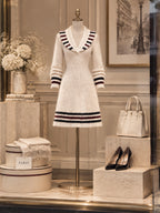 Vintage Stripe Shawl-Collar Mohair Knit Dress