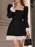 Vintage French Chic Black Tweed Square-Neck Puff-Sleeve Mini Dress