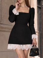 Vintage French Chic Black Tweed Square-Neck Puff-Sleeve Mini Dress