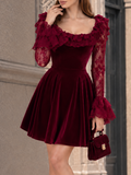 Vintage Victorian Burgundy Velvet Off-Shoulder Mini Dres