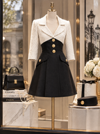 Vintage Chanel-Inspired Ivory Tweed & Black Wool Fit-and-Flare Mini Dress