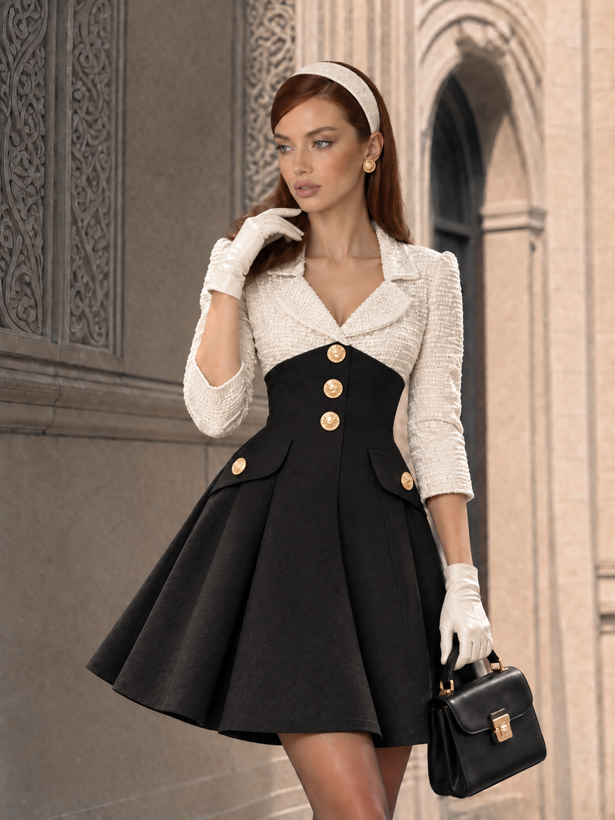 Vintage Chanel-Inspired Ivory Tweed & Black Wool Fit-and-Flare Mini Dress