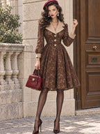 Vintage Lace Contrast-Collar Flared Midi Dress