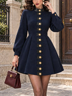 Vintage Leather-Trim Gold-Button Wool Mini Dress