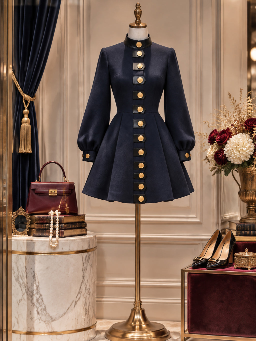 Vintage Leather-Trim Gold-Button Wool Mini Dress