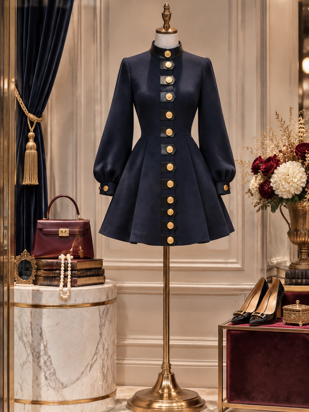 Vintage Leather-Trim Gold-Button Wool Mini Dress