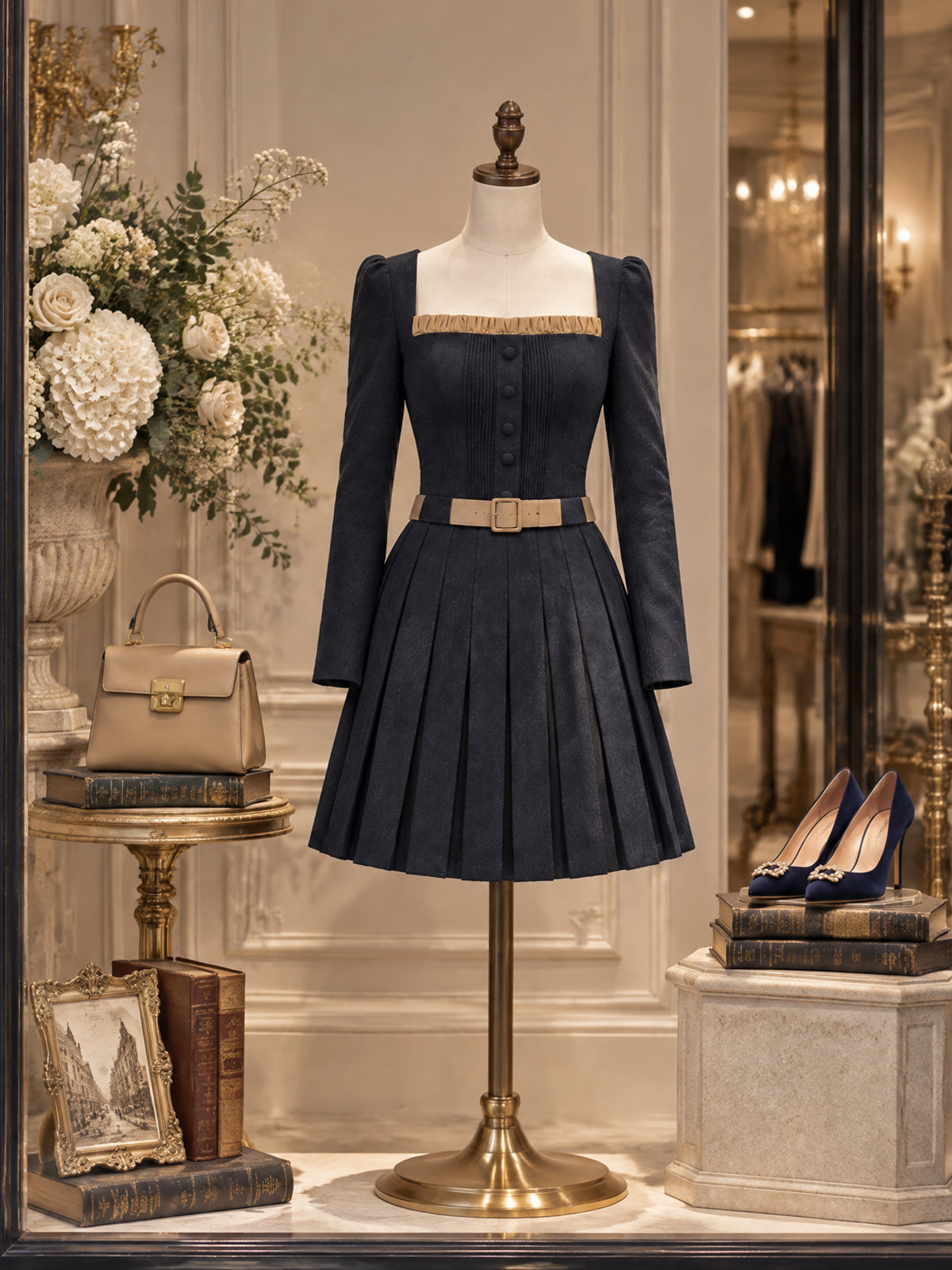 Vintage Camel-Trim Belted Pleated Wool Mini Dress
