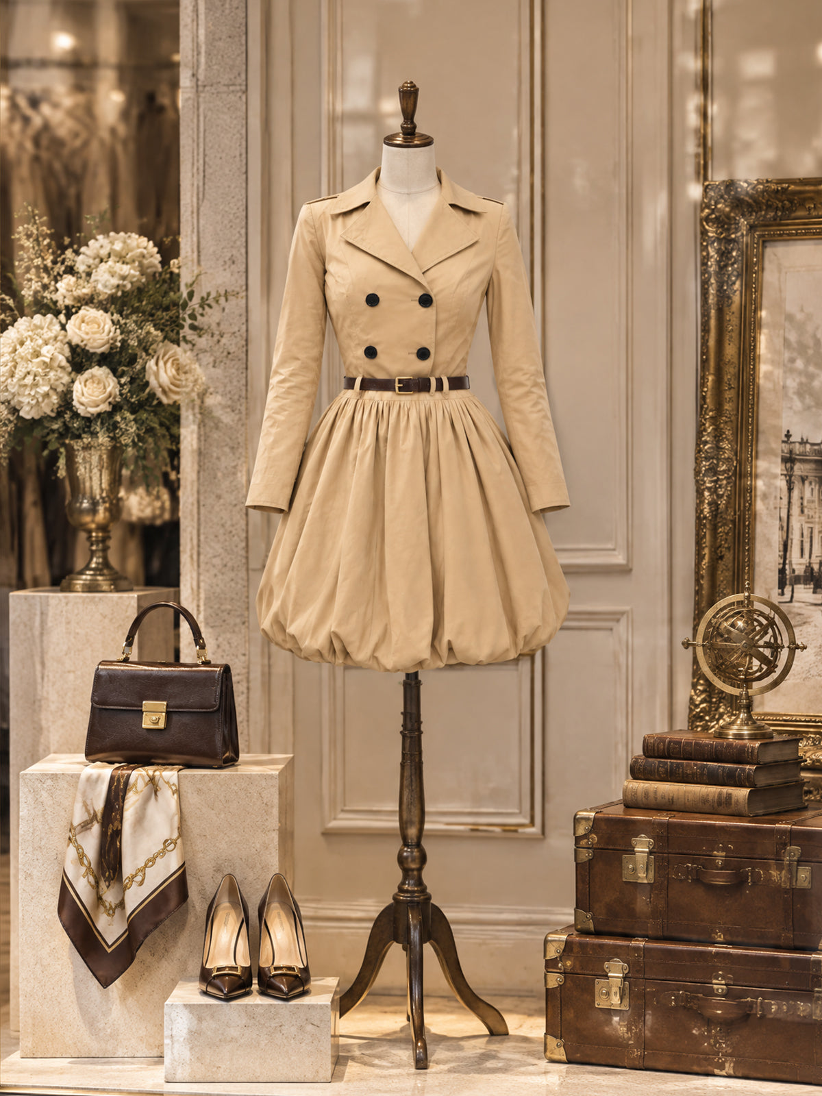 Vintage Khaki Double-Breasted Bubble-Hem Trench Dress
