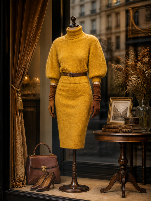 Retro 1960s Goldenrod Mohair-Blend Sweater & Skirt Set
