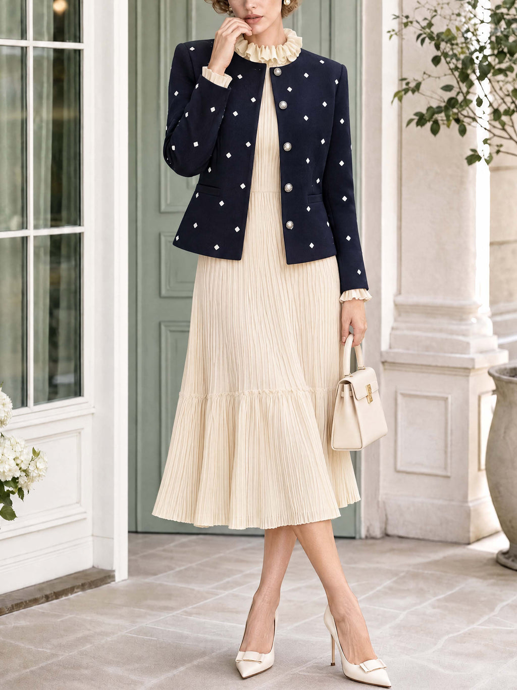 Retro Square‑Stud Cropped Formal Blazer