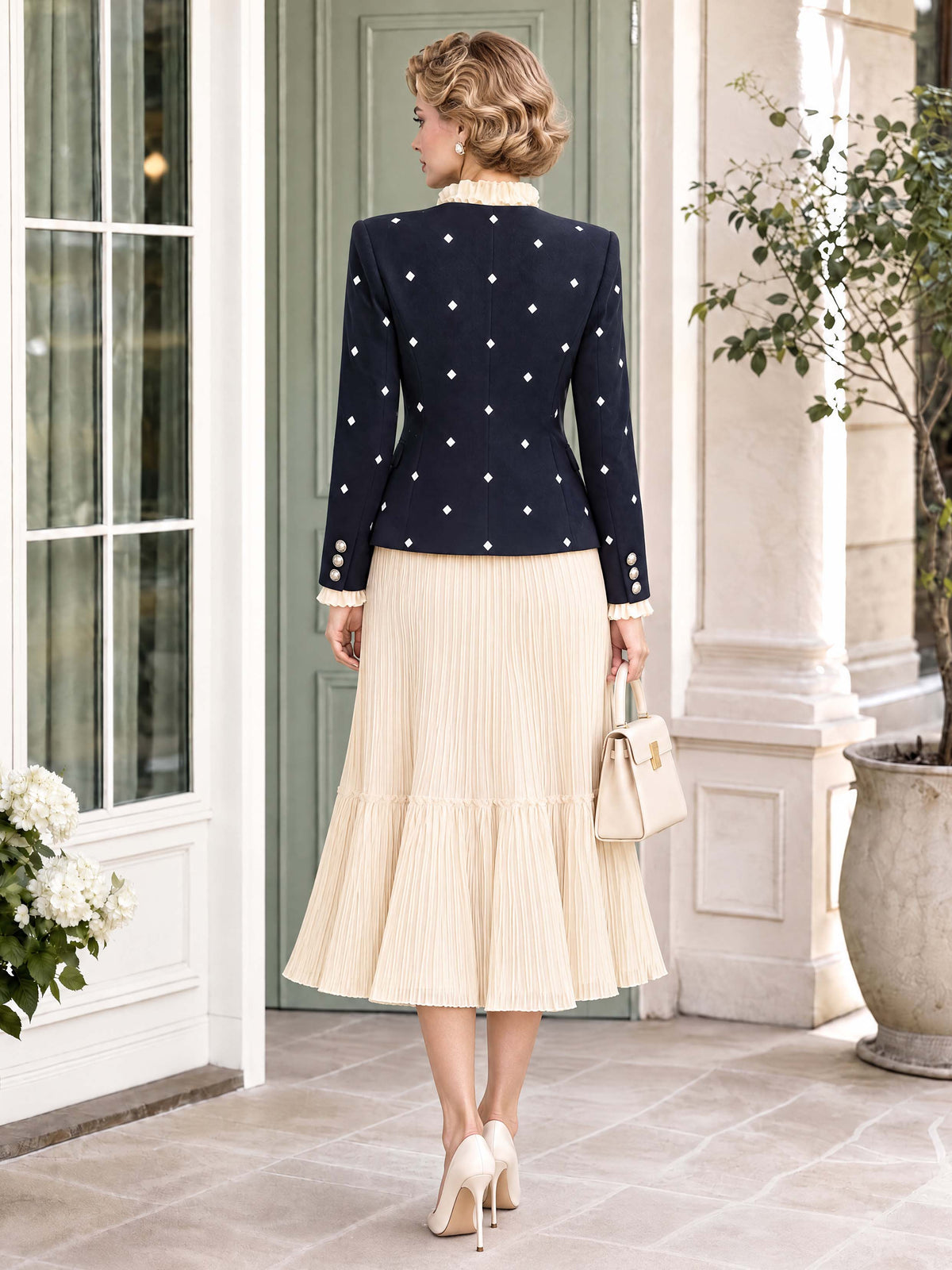Retro Square‑Stud Cropped Formal Blazer