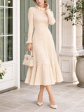 Retro Ruffle Collar Long‑Sleeve Knit Midi Dress