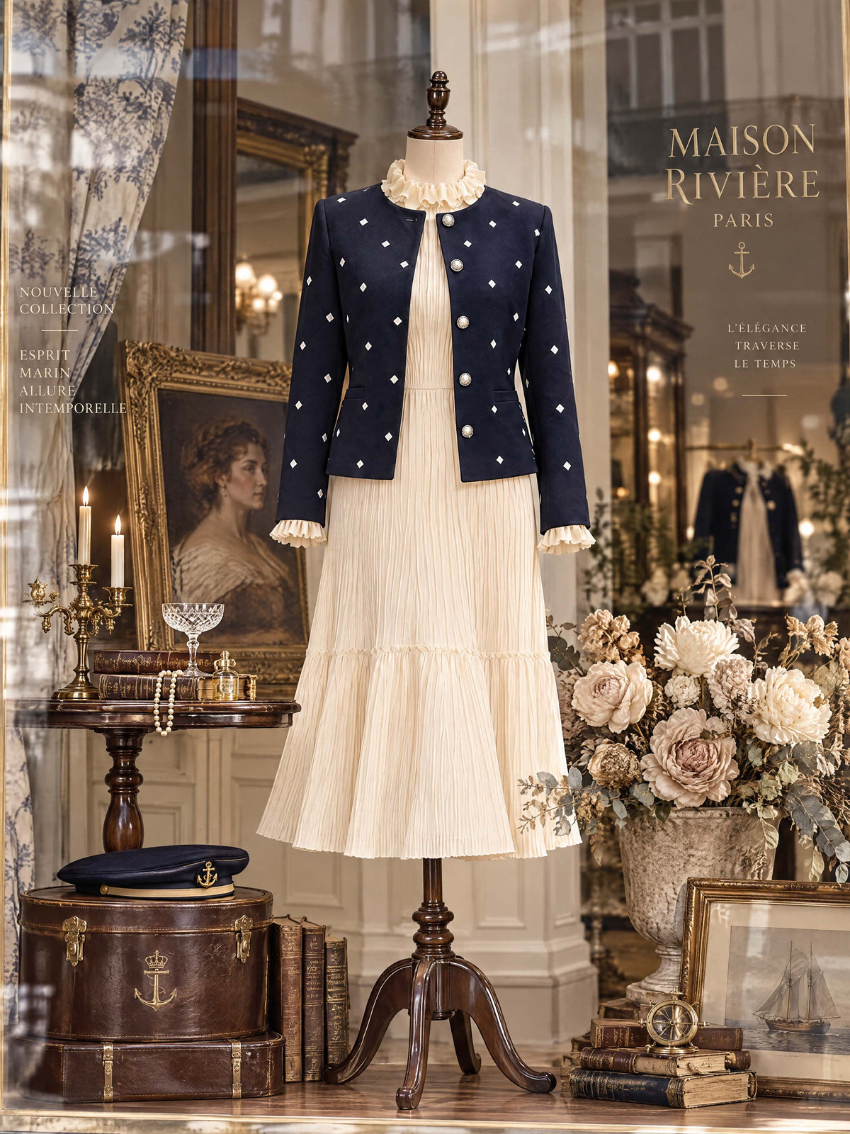 Retro Ruffle Collar Long‑Sleeve Knit Midi Dress