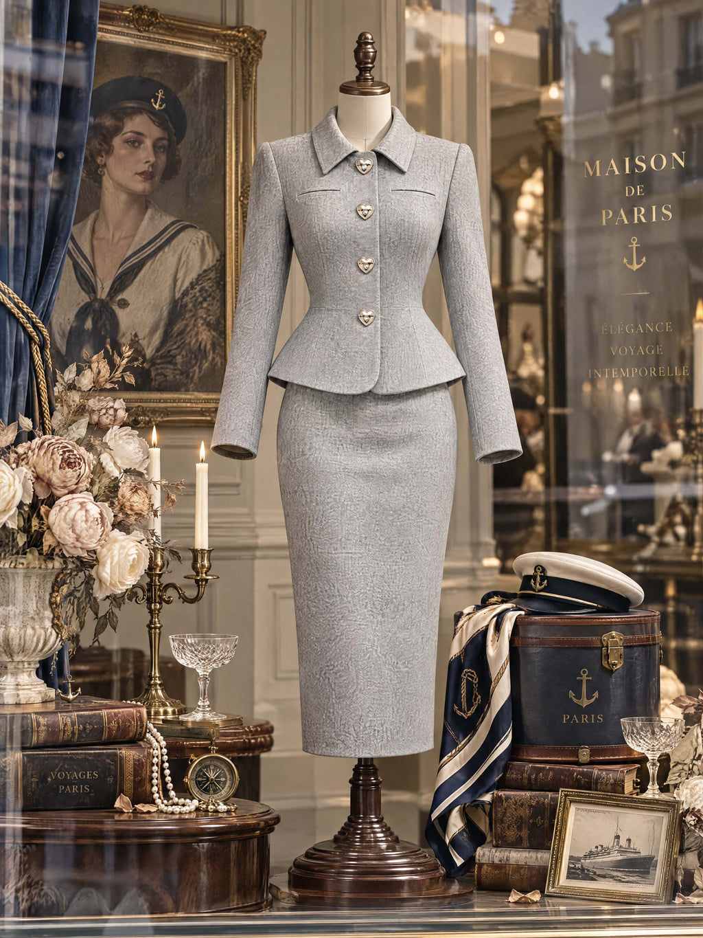Retro Heart‑Button Peplum Wool Skirt Suit