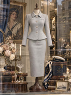 Retro Heart‑Button Peplum Wool Skirt Suit