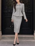 Retro Heart‑Button Peplum Wool Skirt Suit