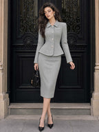 Retro Heart‑Button Peplum Wool Skirt Suit