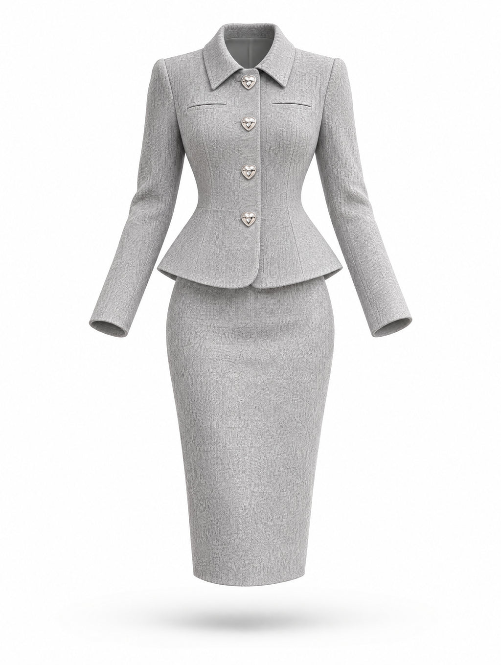 Retro Heart‑Button Peplum Wool Skirt Suit