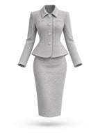 Retro Heart‑Button Peplum Wool Skirt Suit