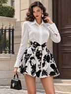 Vintage Floral-Print Pearl-Button Velvet Shirt Dress