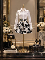 Vintage Floral-Print Pearl-Button Velvet Shirt Dress