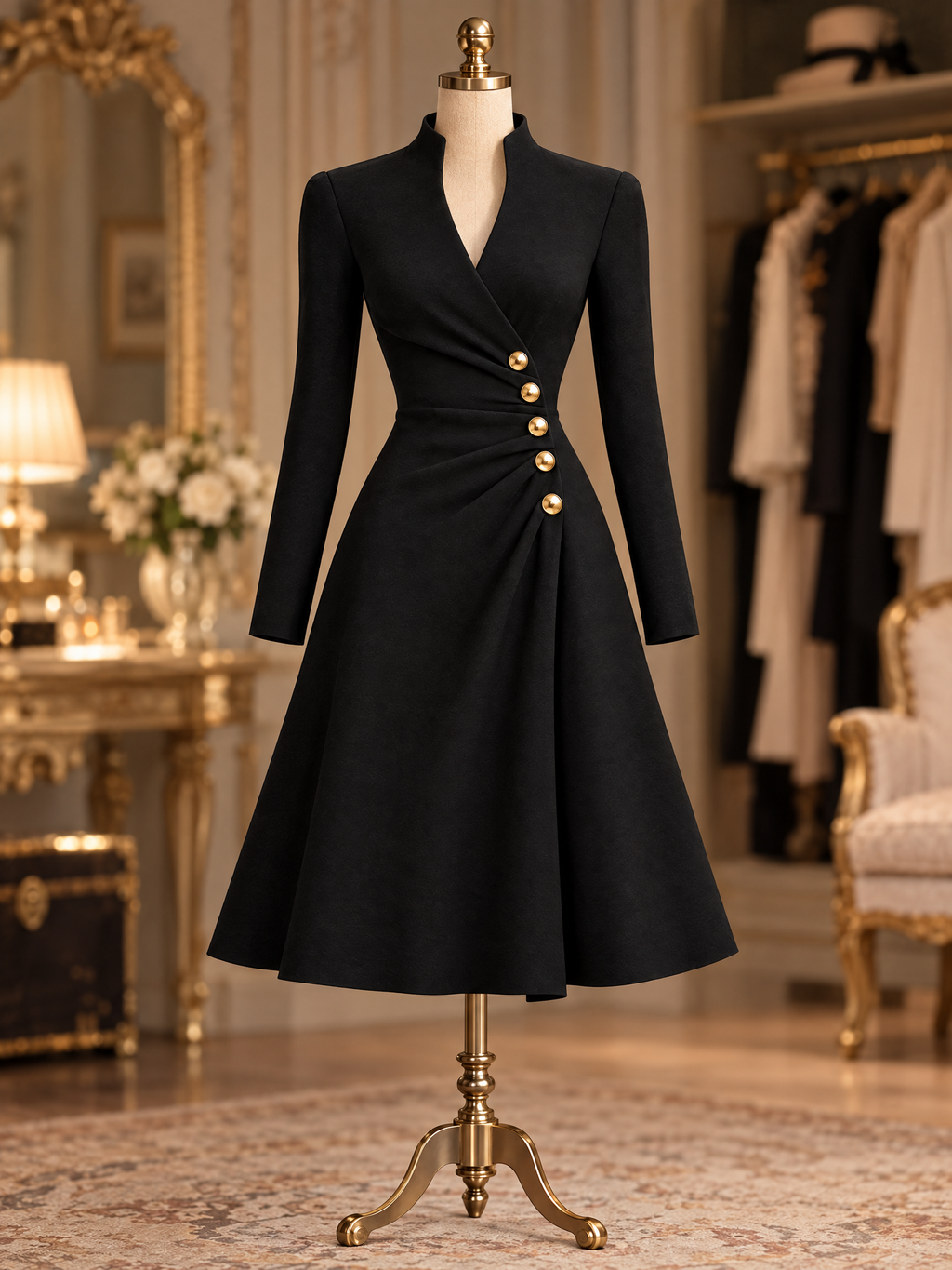 Vintage Black Stand Collar Gold Button Long Sleeve Mini Dress