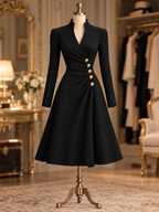 Vintage Black Stand Collar Gold Button Long Sleeve Mini Dress