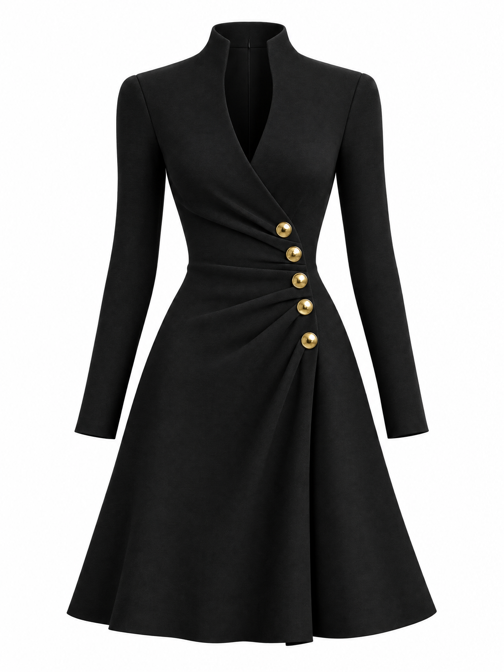 Vintage Black Stand Collar Gold Button Long Sleeve Mini Dress