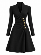 Vintage Black Stand Collar Gold Button Long Sleeve Mini Dress