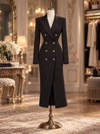 Vintage Fitted Black Double Breasted Blazer Midi Dress