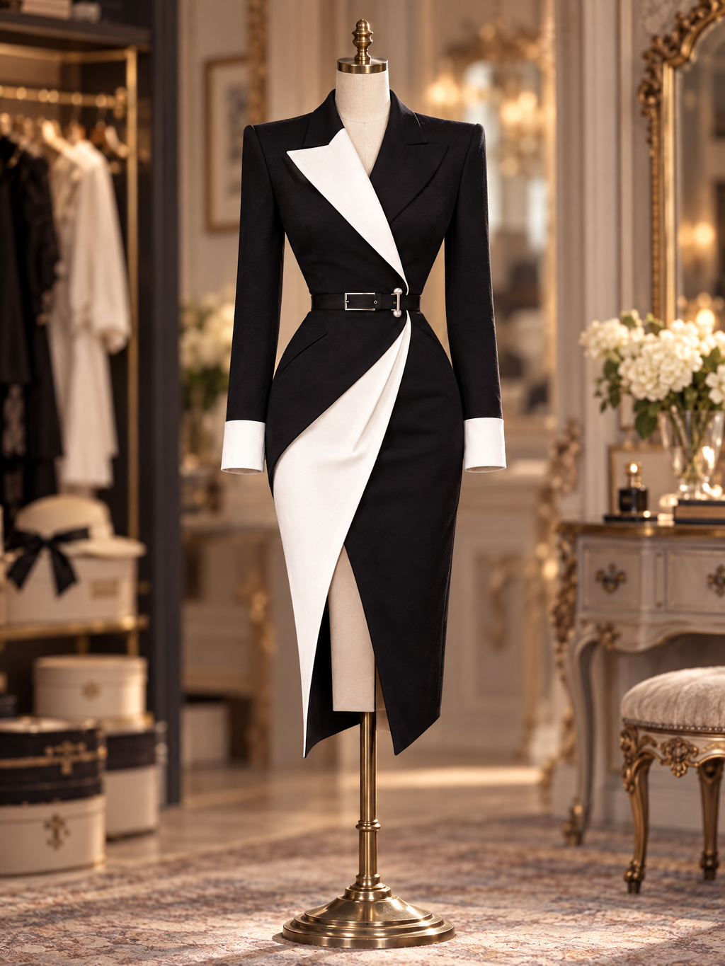 Vintage Black White Contrast Blazer Slit Midi Dress