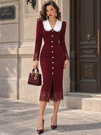Vintage Lace-Trim Pearl-Button Collared Midi Dress