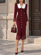 Vintage Lace-Trim Pearl-Button Collared Midi Dress