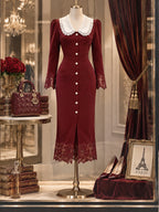Vintage Lace-Trim Pearl-Button Collared Midi Dress