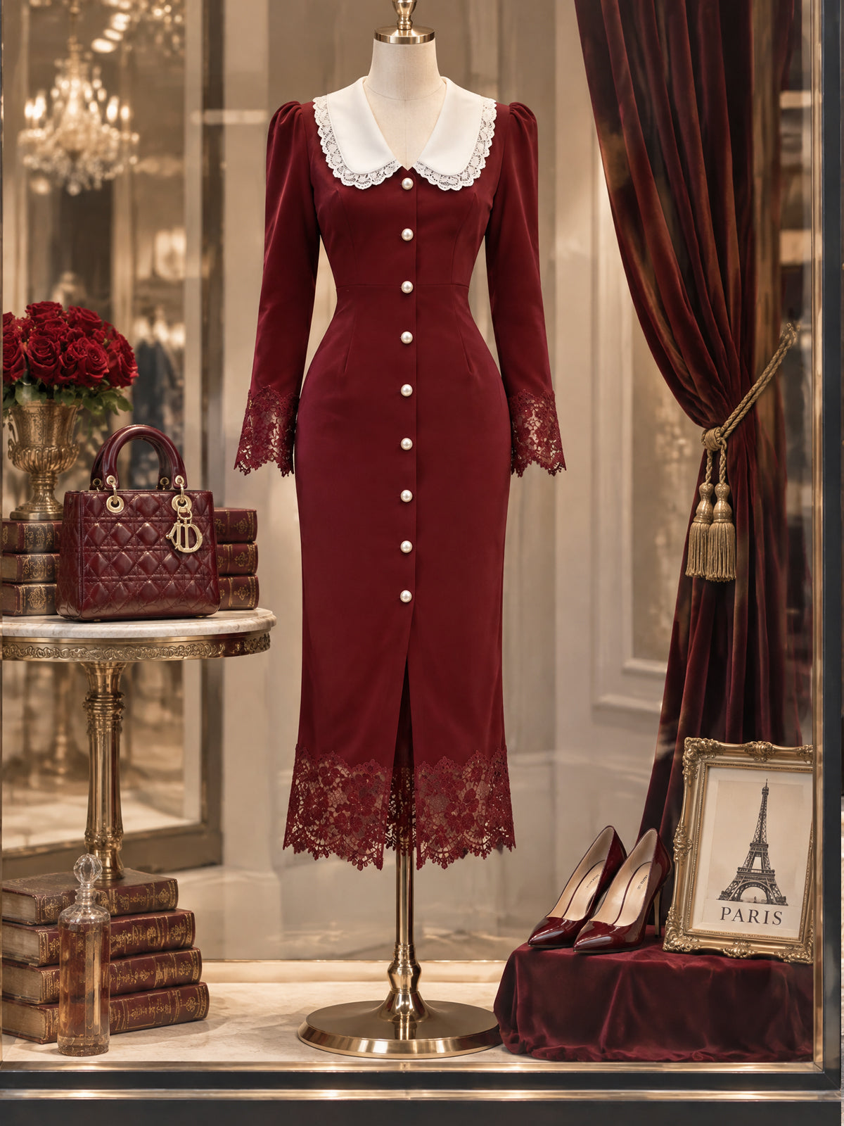 Vintage Lace-Trim Pearl-Button Collared Midi Dress