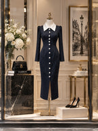 Vintage Navy Pinstripe-Print Pearl-Button Midi Dress