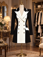 Vintage Black White Contrast Double Breasted Blazer Mini Dress
