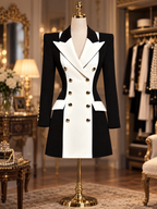 Vintage Black White Contrast Double Breasted Blazer Mini Dress