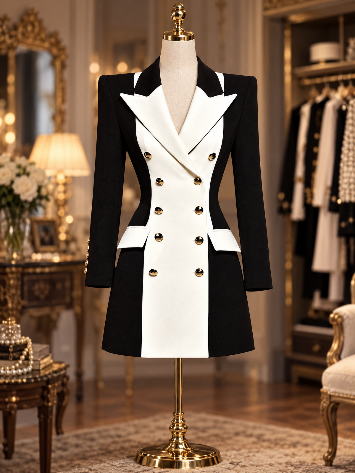Vintage Black White Contrast Double Breasted Blazer Mini Dress