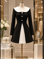 Vintage Pearl-Button Pleated-Inset Wool Mini Dress