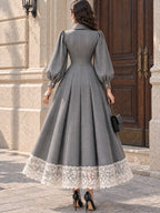 Vintage Lace-Hem Gold-Button Maxi Dress