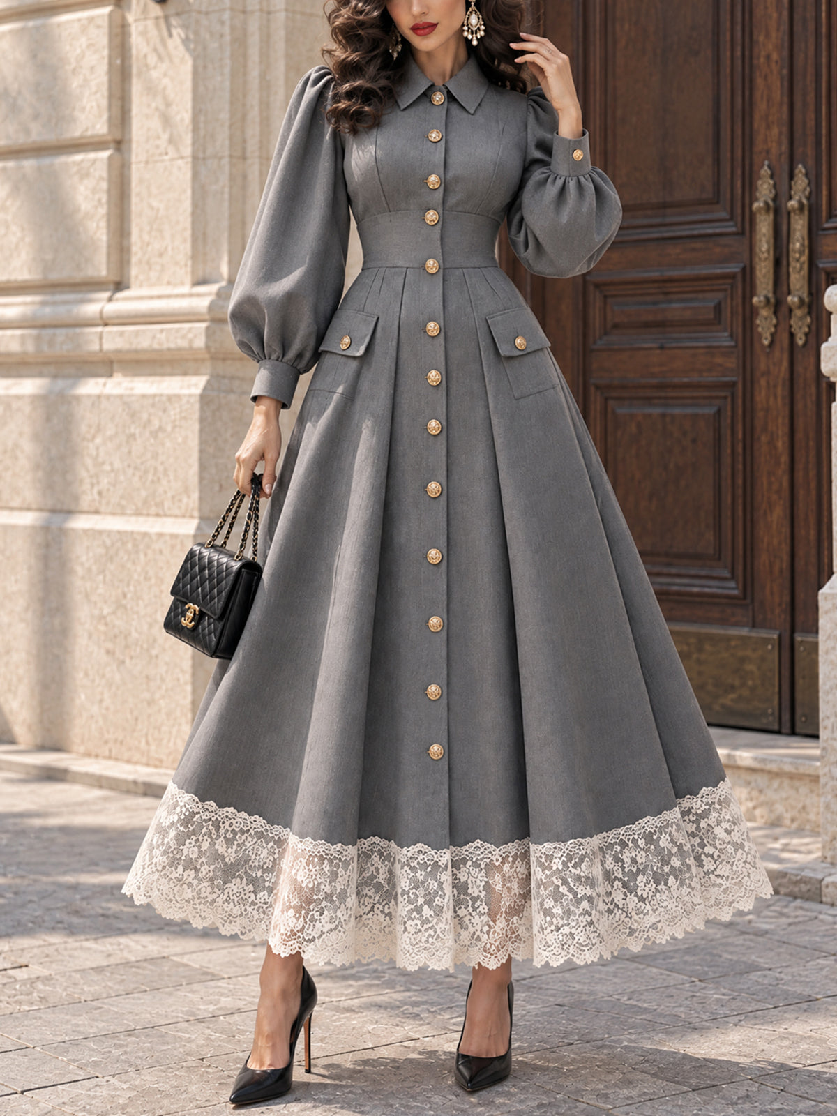 Vintage Lace-Hem Gold-Button Maxi Dress
