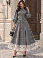 Vintage Lace-Hem Gold-Button Maxi Dress