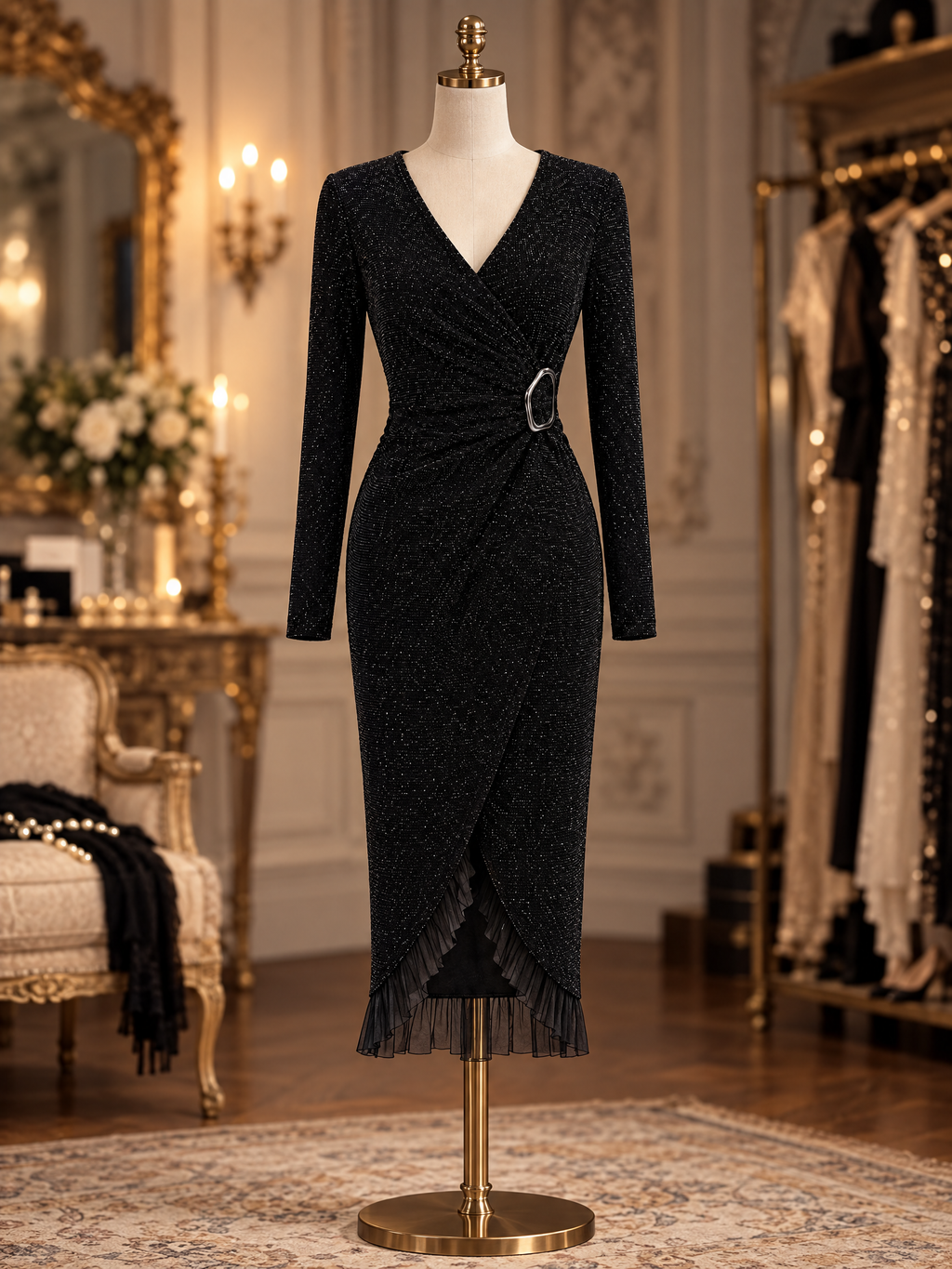 Vintage Black Sparkle Wrap V-Neck Metal Buckle Midi Dress